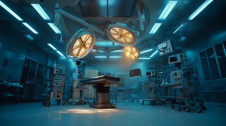 Modern operating room with surgical lights and medical equipment