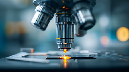 Close up of a modern scientific microscope focusing on a sample