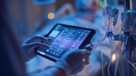 Hands holding a tablet displaying complex data and charts in a modern laboratory setting