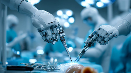 Advanced robotic surgery with precise instruments in a modern operating room
