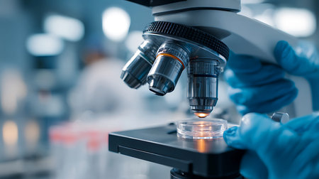 Scientist in blue gloves examines sample under a microscope in a laboratory