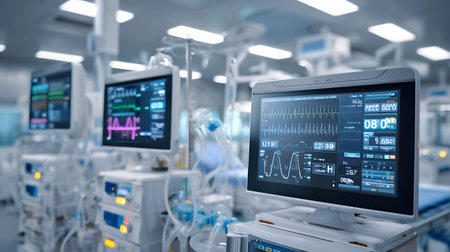 Modern intensive care unit with advanced medical monitoring equipment