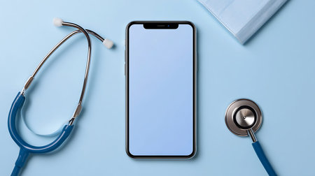 Modern medical technology with smartphone and stethoscope on blue background