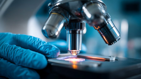 Scientist in blue gloves examining a sample under a microscope in a laboratory