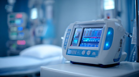 Modern medical equipment monitor in a hospital intensive care unit with patient bed in background