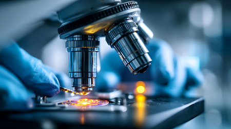 Scientist in blue gloves using a microscope in a laboratory setting