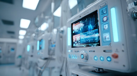 Modern medical equipment in a hospital operating room with glowing blue lights