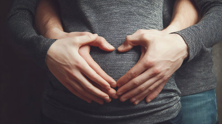 Couple s hands form heart shape over pregnant belly showing love and expectation