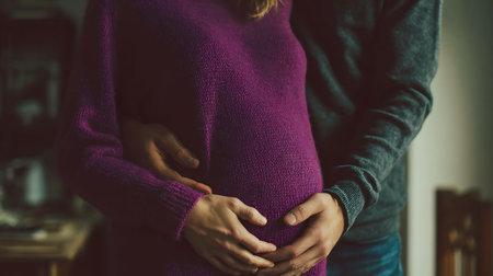 Couple embracing pregnant belly with hands forming a heart shapeの写真素材