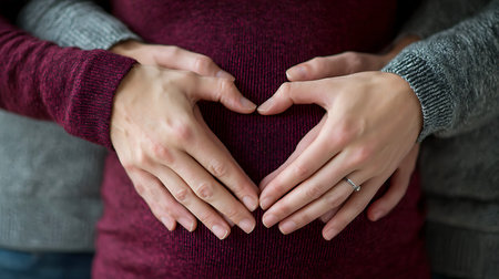 Couple forms heart shape with hands on pregnant belly