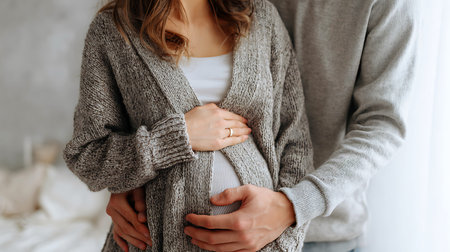Couple holding pregnant belly with love and careの写真素材