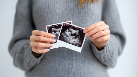Woman holding ultrasound pictures of her unborn babyの写真素材