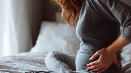 Woman sitting on bed holding her hip in pain