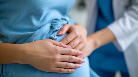 Doctor s comforting hands gently holding a pregnant woman s belly