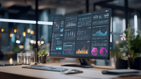 Advanced computer screen displaying complex data analytics and charts in a modern office