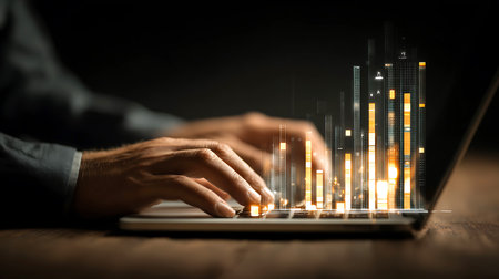 Hands typing on a laptop with glowing data visualization emerging from the keyboard