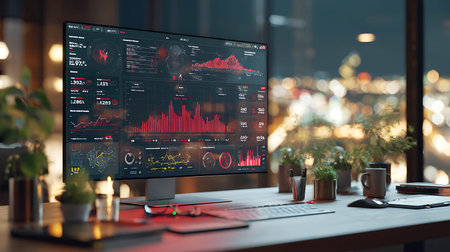 Modern computer screen displaying financial data and charts in a dimly lit office