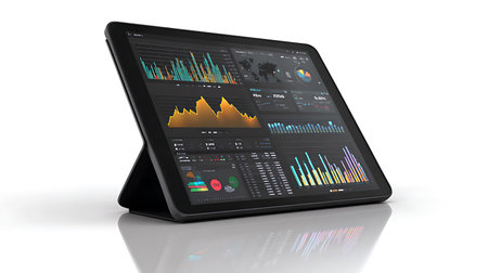 Modern tablet displaying video editing software interface with audio waveforms