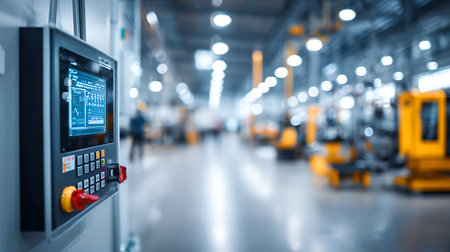 Industrial control panel with touch screen in a modern factory setting