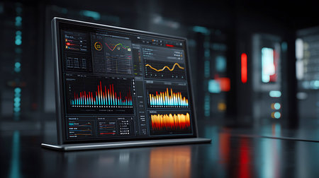 Futuristic digital dashboard displaying financial data and graphs in a modern city setting