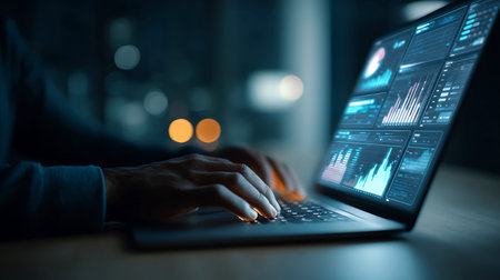 Person typing on laptop with glowing data charts and graphs at night