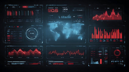 Futuristic digital dashboard displaying global data and analytics