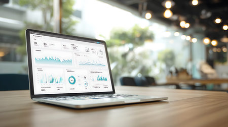 Modern laptop displaying financial charts and graphs on a wooden table