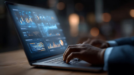Hands typing on a laptop displaying financial data and charts