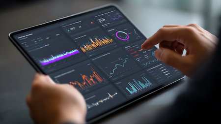 Person s hands interacting with a digital tablet displaying financial data and charts