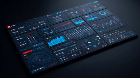 Futuristic digital dashboard with glowing blue and red elements on dark background