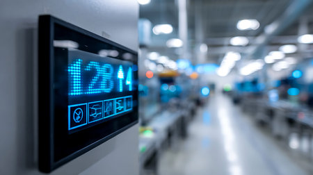 Digital display showing production numbers in a modern factory setting