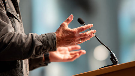 Man giving a speech at a conference, close-up of hands