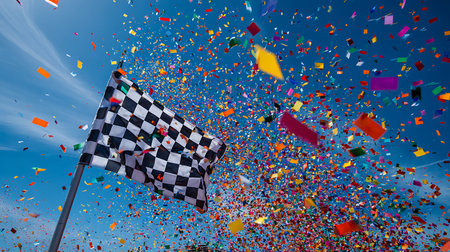 Checkered flag and confetti flying high in the blue sky