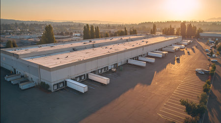Aerial view of a parking lot in the evening at sunset.