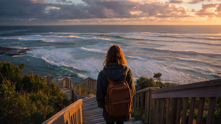 A woman standing on a wooden walkway looking at the ocean at sunset
