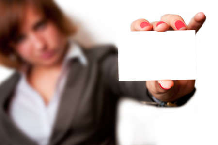 Woman holding business cardの写真素材