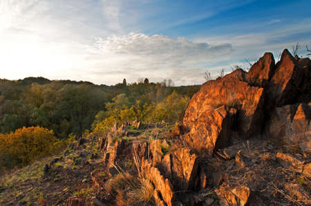 Red stones are on the hill. Perhaps the ancientsの写真素材
