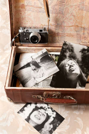 Black & white photos of a young girl from an old suitcaseの写真素材