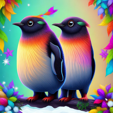 Two penguins on a background of autumn leaves. generative Ai art illustration.の素材
