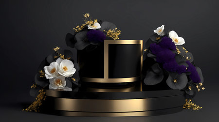 3d render, black podium for product presentation with flowers and leaves. generative Ai art illustrationの素材