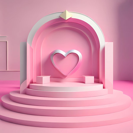 Pink podium with heart in the middle, 3d render illustration. generative Ai artの素材
