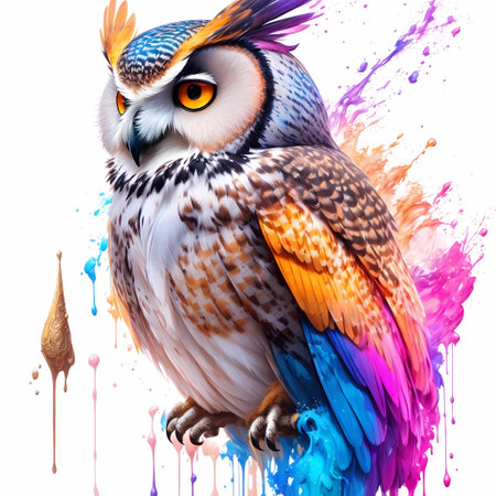Owl with colorful paint splashes isolated on white background. 3d illustration. generative Ai artの素材