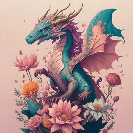 Illustration of a fantasy dragon with flowers on a pink background. generative Ai art illustrationの素材