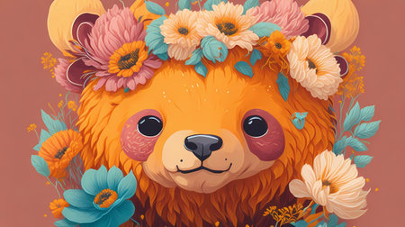 Cute cartoon bear in a wreath of flowers. generative Ai art illustrationの素材