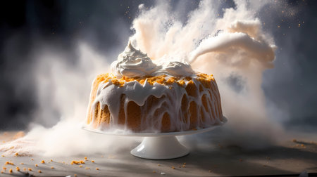 Cake with whipped cream on a dark background with smoke and fire. generative Ai art illustrationの素材