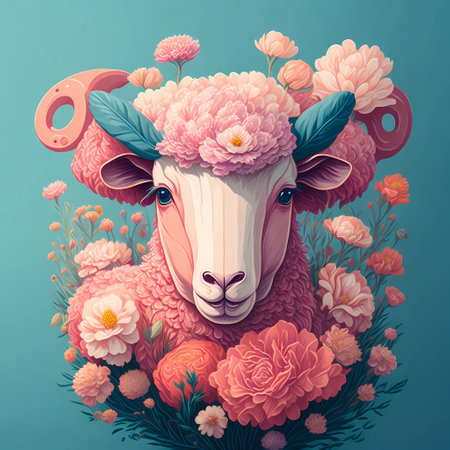 Cute sheep with flowers. generative Ai art illustration  of a cute sheep in flowers.の素材