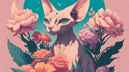 a cat with a bouquet of peonies. Generative Ai art illustrationの素材
