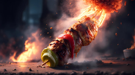 Flaming shish kebab on a skewer with tomato and lemonの素材