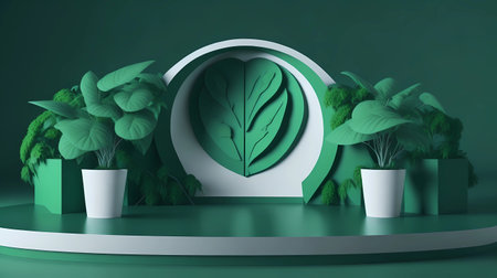 3d rendering of green minimal geometric composition, podium for product display.の素材