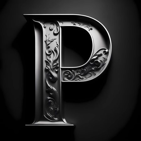 Metal figure with ornament in the form of capital letter P on a black backgroundの素材